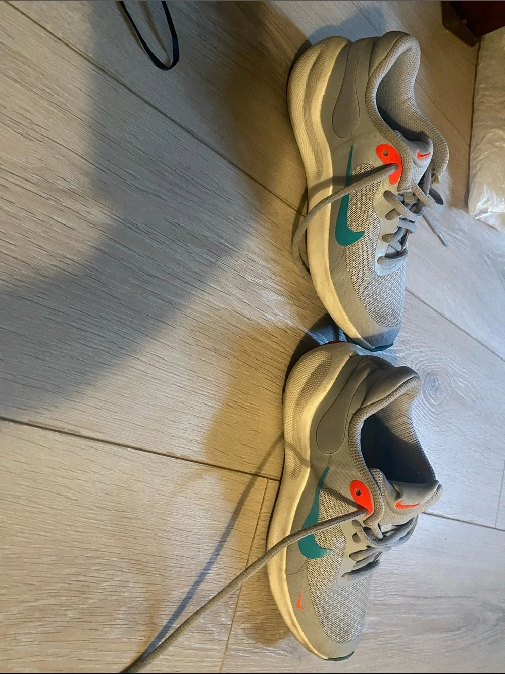 Nike Kids Gray Sneakers with Teal and Coral Accents